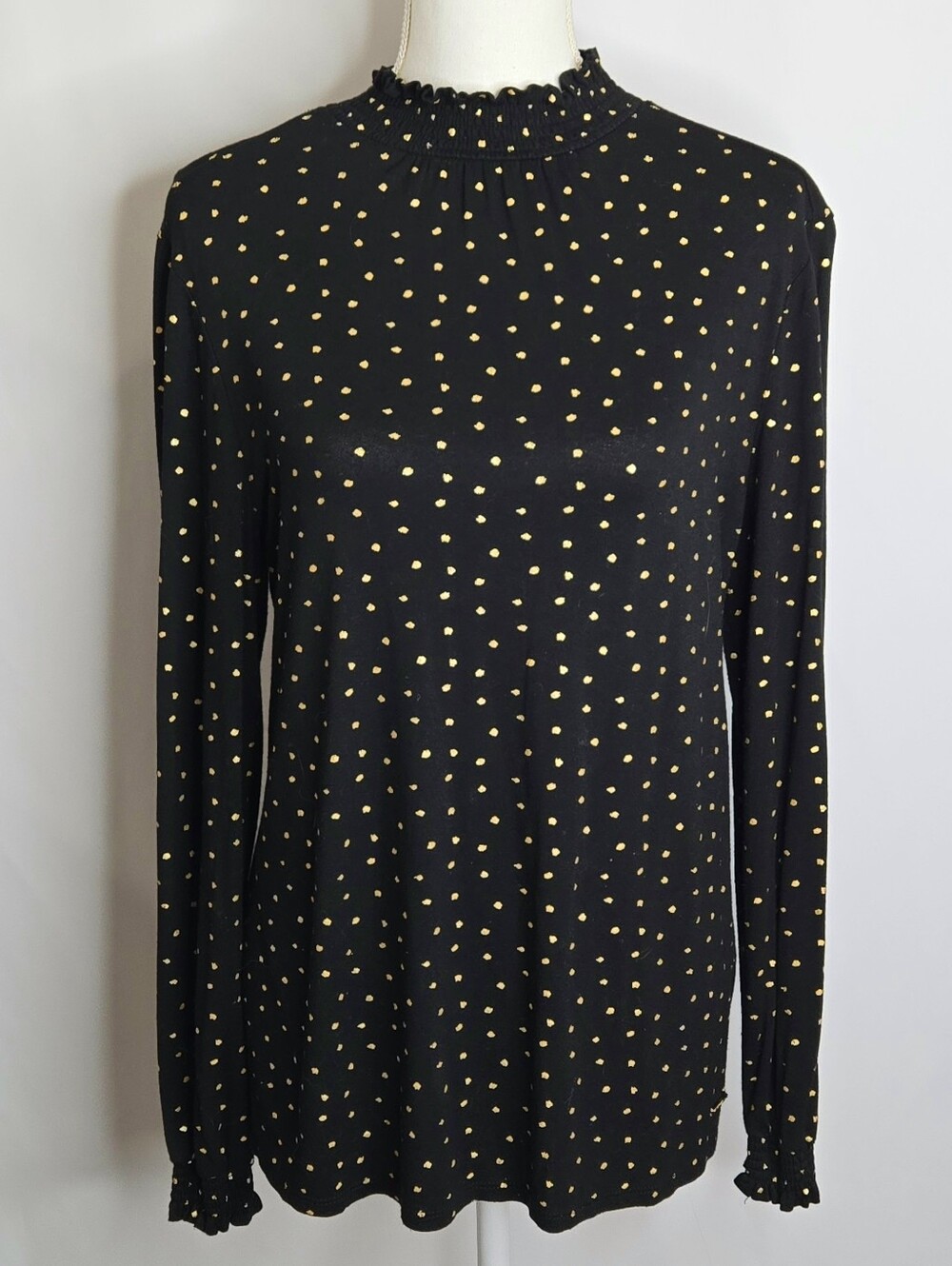 Anne Klein Black Gold‎ Polka Dot Mock Neck Smocked Long Sleeve Blouse NwOT M